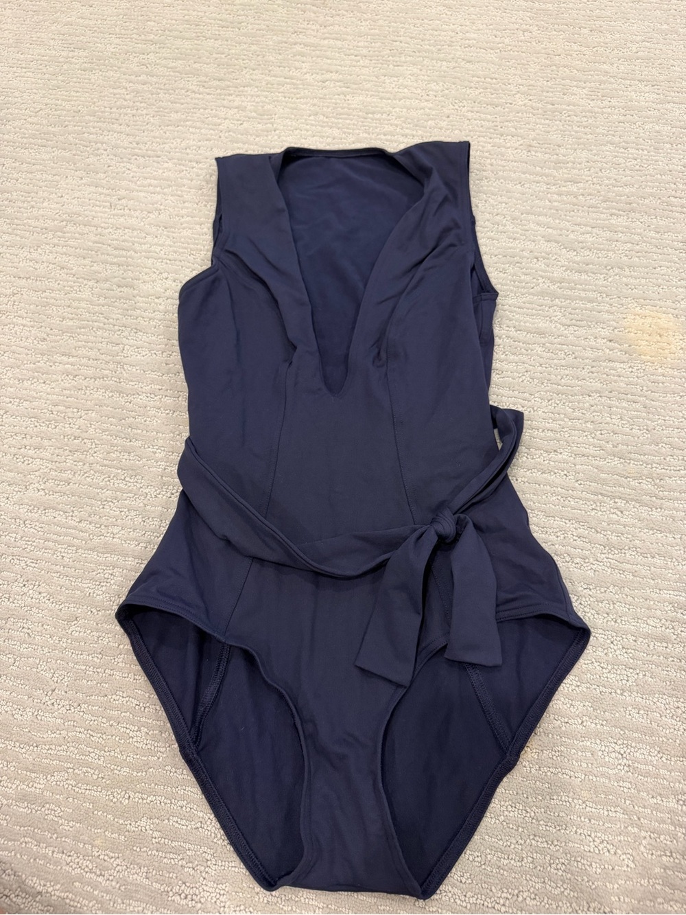 Deep V Navy One-Piece Swimsuit with Self-Tie Waist